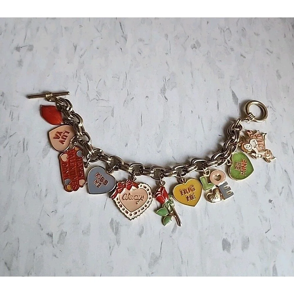 Charm Braclet, Love, Valentine's Day, Hearts, Hugs and Kisses Gold Tone Braclet.